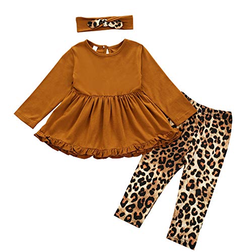 Yccutest Baby Girl Outfits Long Sleeve Solid Color Ruffle Shirt+ Long Pant+ Scarf 3Pcs Toddler Girl Fall Clothes Suit (Brown, 12-18 Months)