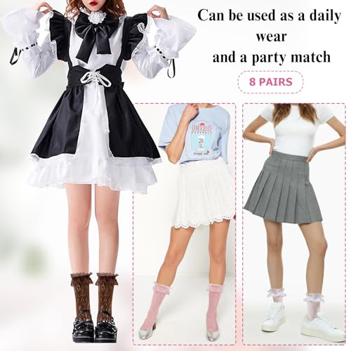 Image of Women Lace Ruffle Socks White Black Frilly Lolita Crew Dress Socks
