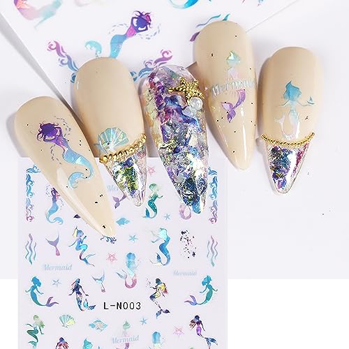 Lopmnght LOPMNGHT-173 8 Sheets Ocean Animals Nail Art Sticker 3D Self-Adhesive Laser Mermaid Jellyfish Design Nail Decals Starfish Dolphin Colorful Shell Nail Art Sticker Decoration thumb #5