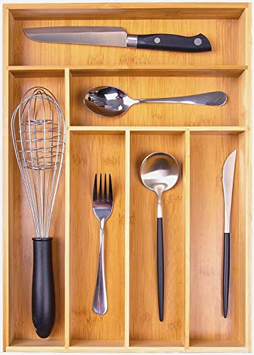 Kitchen Wood Utensil Tray Drawer Organizer, Bamboo Silverware Tray for Drawer 12X17 Cutlery Organizer in Drawer, Flatware Holder,Office Storage Drawer Organizers,Desk Drawer Dividers Insert