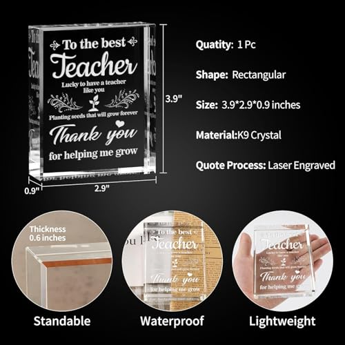 Image of Gifzy Teacher Appreciation Gifts, Appreciation Gift for Teachers, Engraved Crystal Plaque Thank You Gifts for Teacher, Thank You Teacher Gift for Women /Men Crystal Appreciation Plaque