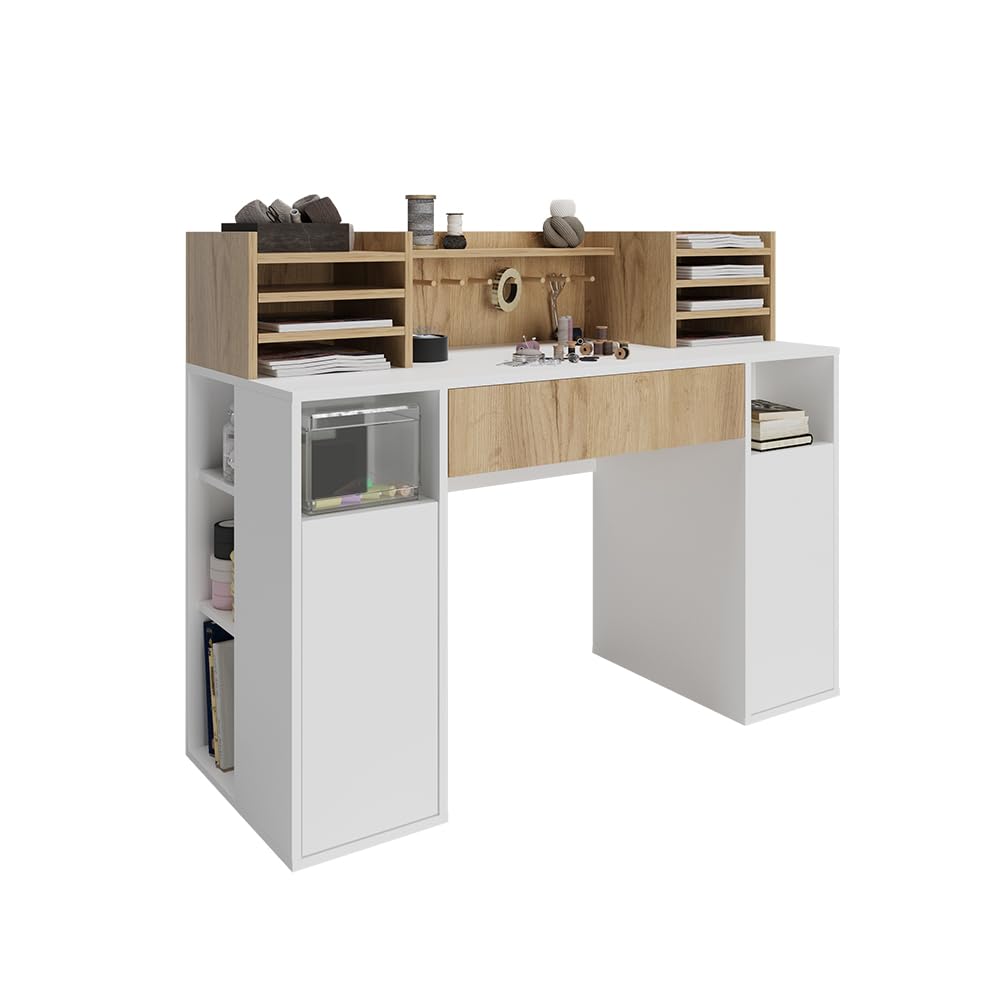 Vicco Bureau, Blanc/Sonoma, 126.8x50cm XL avec étagères, Convient comme Poste de Travail avec Passe-câbles et Surface de Rangement