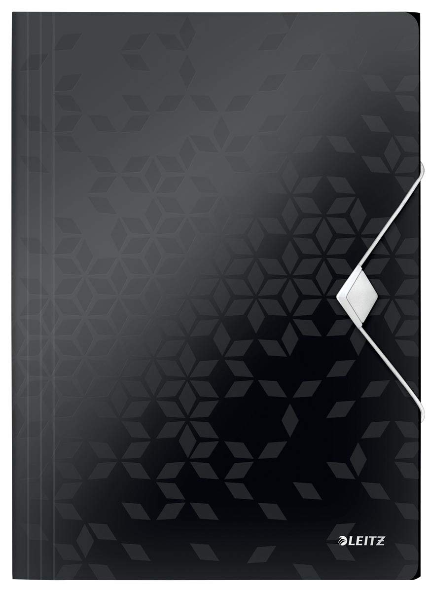 Leitz Wow - Cartellina con 3 pacchetti in polipropilene, con elastico, formato A4, confezione da 10, colore: Nero