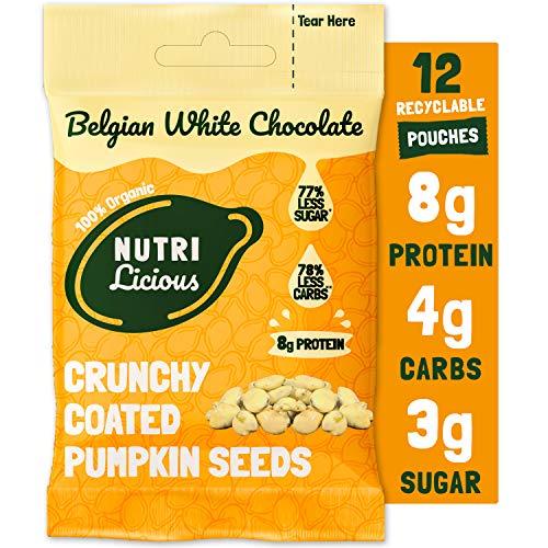 Nutrilicious Semillas de Calabaza de Chocolate Blanco - Keto, Ricas en Proteínas Bajos en Carbohidratos, Menos Azúcar, Ricas en Fibras, Sin Edulcorante (12 x 30g)