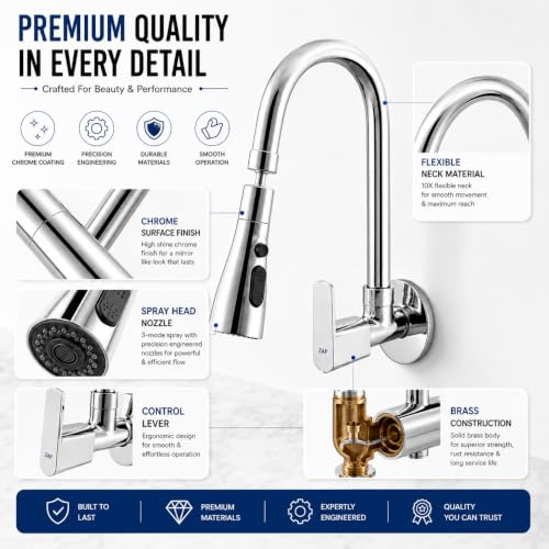 Image of ZAP Rotatable Brass Kitchen Sink Tap | 10X Flexible Neck Faucet with 3 Spray Modes (Shower, Stream & Foam) | Anti-Splash Wall Mounted Kitchen Tap | Chrome Finish Faucet for Kitchen Sink & Utility Area