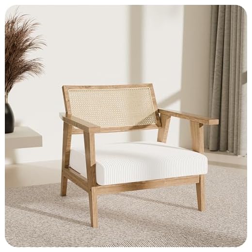 BELLEZE Mid Century Modern Rattan Chair Accent Natural Wood Armchair with Upholstered Seat and Cane Back, Boho Retro Lounge Chair for Living Room Bedroom Office