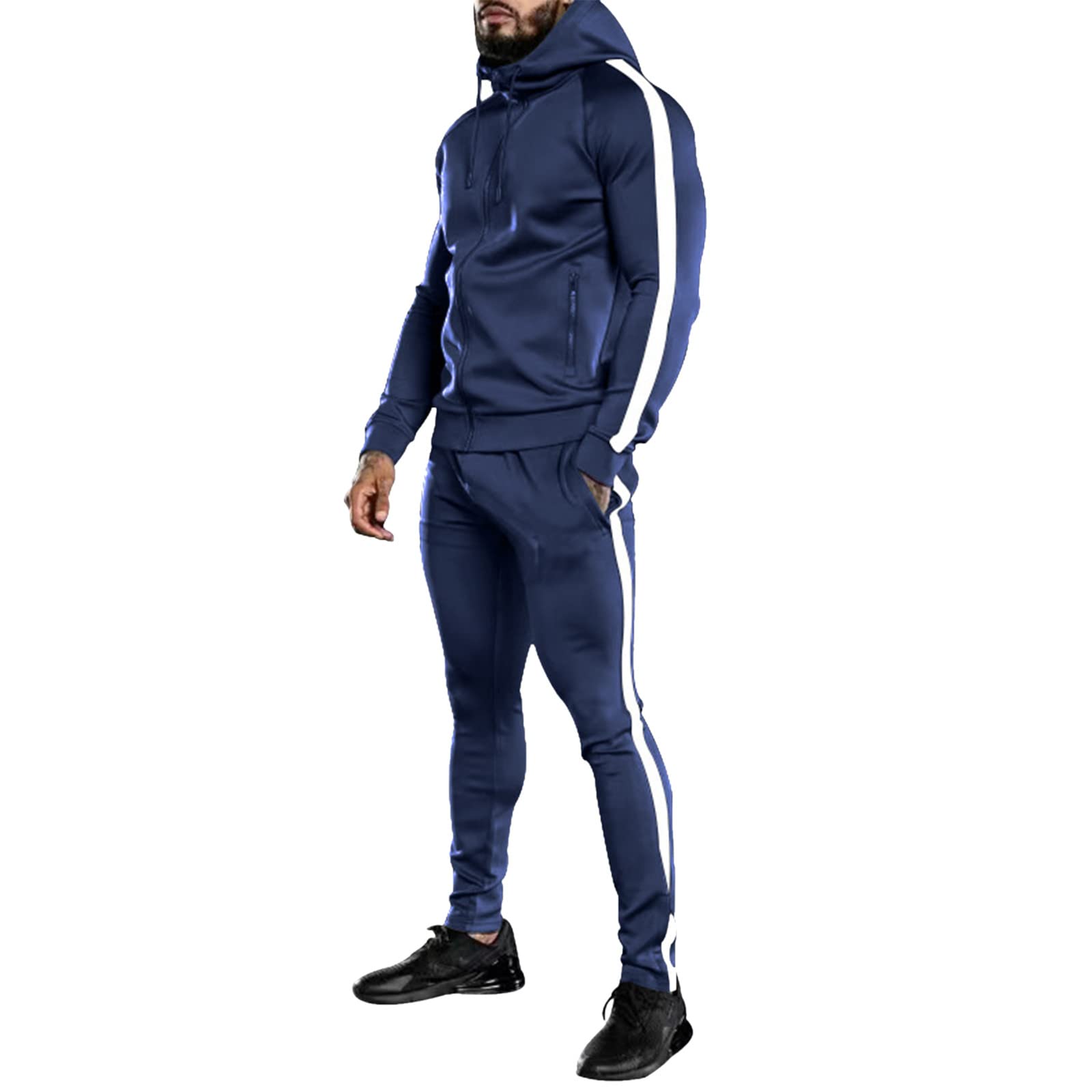 LindoMaker Mens Tracksuits 2 Piece Set Autumn Winter Long Sleeve Hooded Sweatsuits Workout Training Lightweight Sportsuit