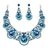BriLove Costume Fashion Jewelry Set for Women Crystal Teardrop Hollow Scroll Statement Necklace Dangle Earrings Blue Topaz Color Gold-Toned