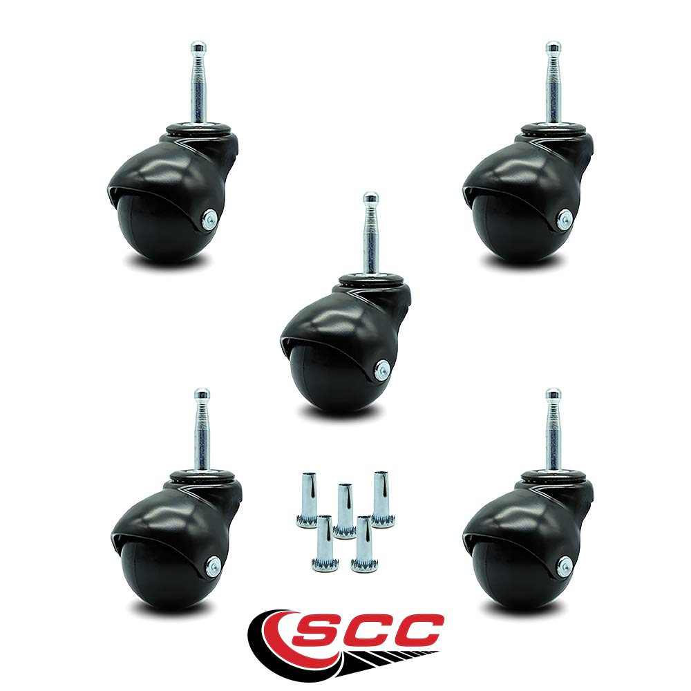 2 Inch Swivel Ball Caster Wheels for Furniture - Gloss Black Hooded Stem Casters with 5/16 Grip Neck Stem - 375 lbs. Total Capacity - Sockets Included - Set of 5 - Service Caster Brand