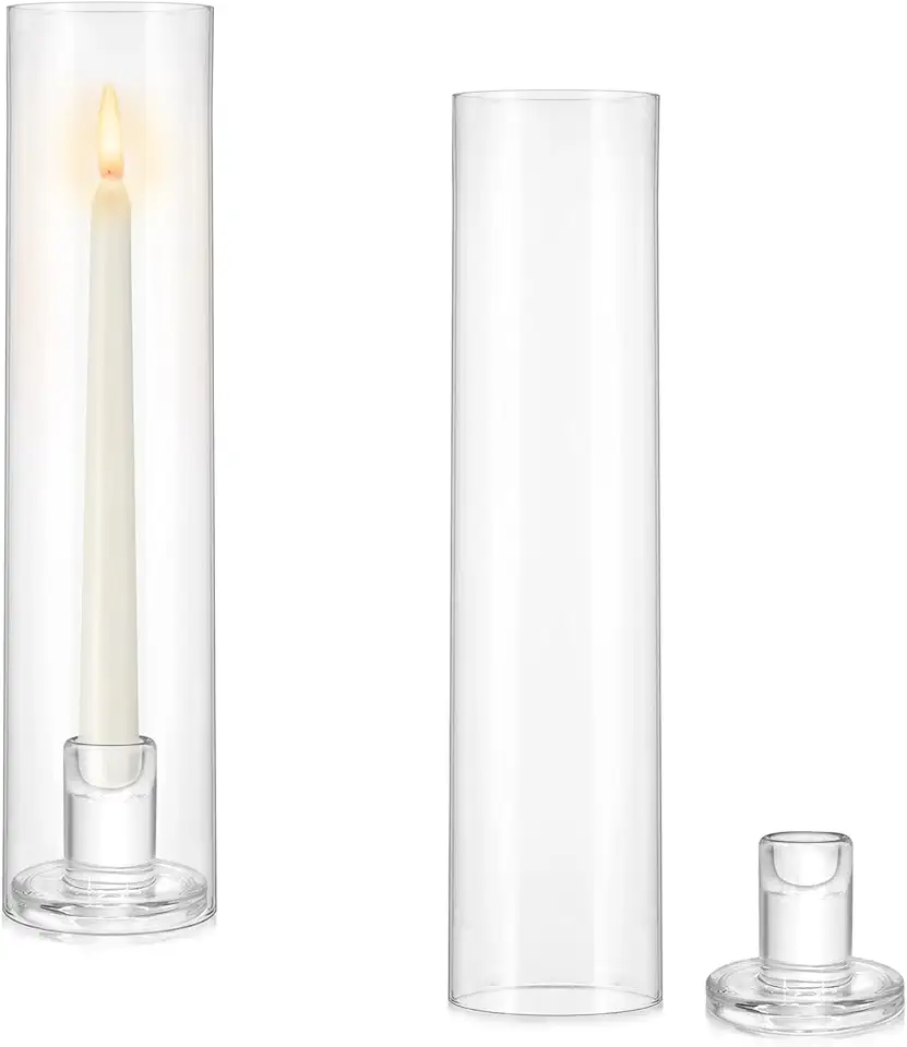 Hurricane Glass Candlestick Holders: Set of 2 Taper Candle Holder with Windproof Cylinder Covers 11.8 inch Tall Clear Candle Stick Holder Stand for Wedding Birthday Christmas Home Decor