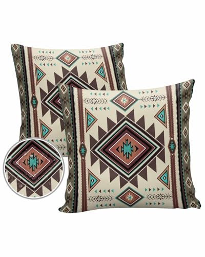 Boanket Outdoor Pillow Covers 26 x 26 in, Brown Western Waterproof Throw Pillow Cover Set of 2, Ethnic Boho Geometric Southwest Home Decorative Square Cushion Covers for Patio/Tent/Couch/Garden