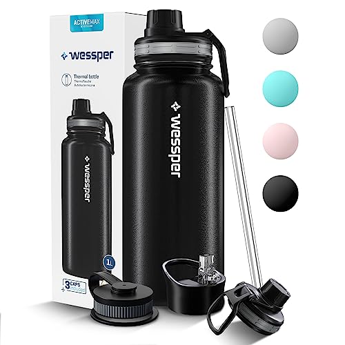 Wessper Stainless Steel Drinking Water Bottle 1L Leakproof Thermos Bottle BPA-Free with 3 Lids, Black, 1000 ml