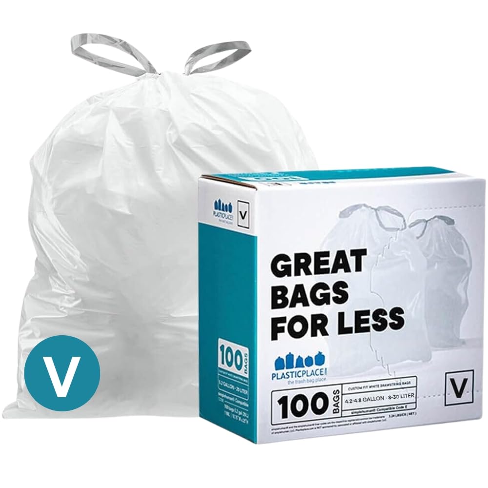 Plasticplace Custom Fit Trash Bags, Compatible with simplehuman Code V (100 Count) White Drawstring Garbage Liners 4.2-4.8 Gallon/ 16-18 Liter, 14.5" x 27.5"
