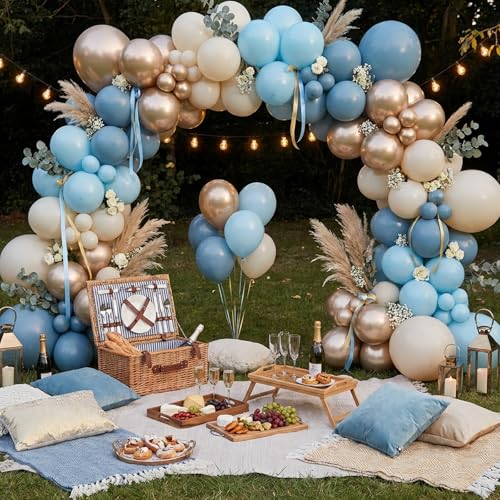 Image of RUBFAC Dusty Blue and Gold Balloons, 65pcs 12 Inches Champagne Gold Metallic Fog Baby Blue Balloon for Baby Boy Shower Bridal Birthday Wedding Party Decorations