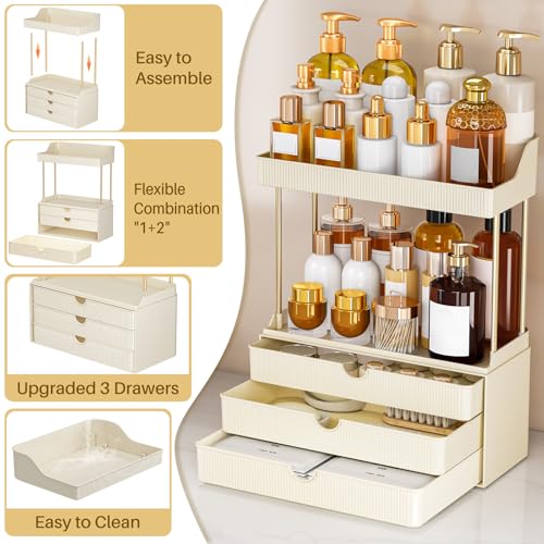 Image of caktraie Bathroom Organizers and Storage - 3 Drawers 2 Tier Makeup Organizer, Cosmetic Storage Drawer for Dresser Countertop and Bathroom Vanity for Large Skincare, Perfume, Cream White