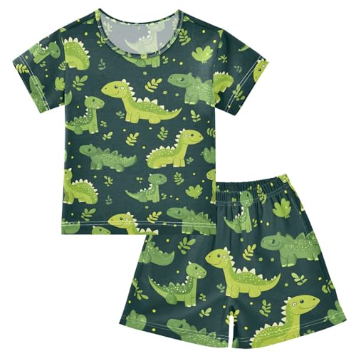 ALAZA Green Dinosaur Polka Dot Pajamas Set Short Sleeve Cotton Sleepwear Summer Pjs 2 Piece 5-14Y