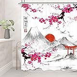 Riyidecor Japanese Cherry Blossom Asian Shower Curtain Japanese Style Pattern for Bathroom 60Wx72H Inch Mountain Fuji Plum Sun River Spring Ink Painting Decor Fabric Bathroom Set Polyester Waterproof