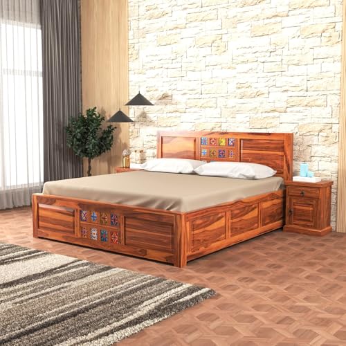 Image of Sheesham Wood King Size Bed with Storage Box | Wooden Box Bed King Size Double Cot Bed with Storage for Bedroom | Premium Tile Dalla Design Headboard Bed for Hotel, Home | Honey Finish