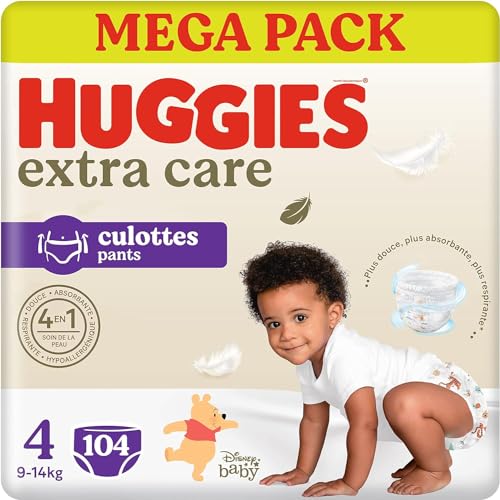 HUGGIES Extra Care - Culottes Taille 4 (9/14kg) - Pack de 104 couches-culottes - facile à mettre et à enlever ultra-doux - matériaux absorbants et...