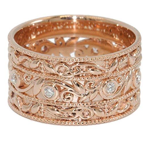 Vine Leaf Paisley Scroll Pattern Wedding Ring, 10 mm Wide Rose gold Diamond Eternity Wedding Band, Cigar Scroll Ring
