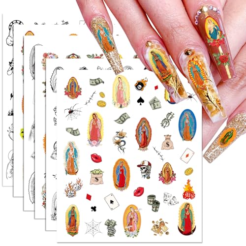 Virgin Mary Nail Stickers Charms - 246 Styles Christian Jesus San Judas Nail Stickers Guadalupe Nail Decals 3D Self-Adhesive for Nails Religious DIY Nail Design Suppliesï¼6 Sheets ï¼