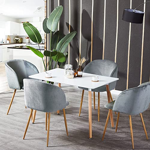 buybyroom Juego de mesa de comedor de madera, mesa de comedor, comedor, 4 sillas de terciopelo, mesa de comedor rectangular blanca con 4 sillas de comedor grises, adecuado para comedor, cocina, salón Cover