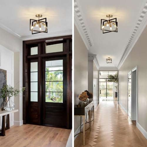 Image of Modern Industrial Semi Flush Mount Ceiling Light Fixture, Black and Gold Candelabra Farmhouse 4-Light Lighting for Kitchen, Dining Room, Bedroom, Hallway, Living Room, Entryway, Foyer