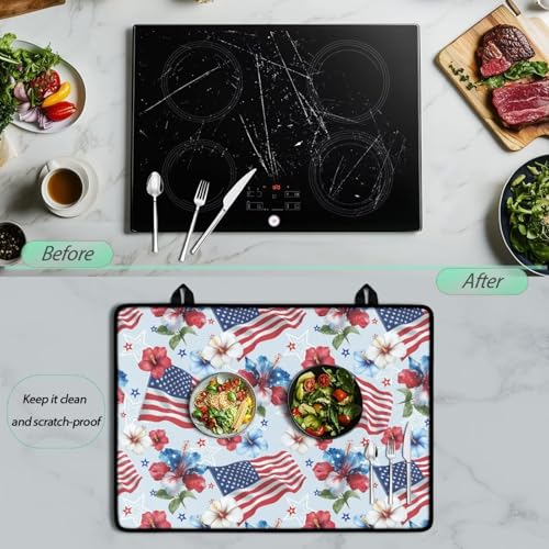 Image of Poceacles Electric Stove Top Cover Glass Stove Top Heat Resistant Oil Resistant Cooktop Protector Cover for 4th of July Patriotic Party Decor, American Flag Hibiscus Flower Blue