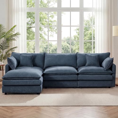 Image of 102 inch L Shaped Modular Sectional Sofa, Comfy Upholstery Chenille Cloud Couch with Ottoman, Modern 4-Seat Deep Seat Sofa with Pillow for Living Room, Bedroom, Apartment, Navy Blue