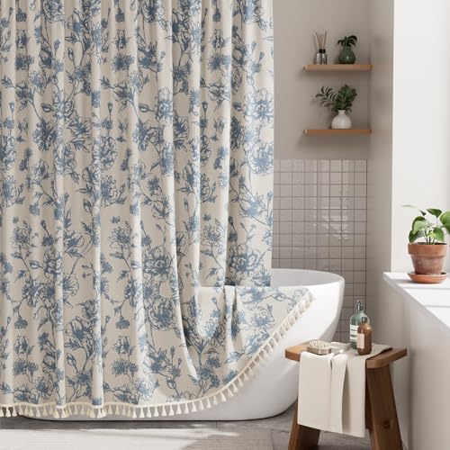 Image of AmazerBath Light Blue Floral Shower Curtain, Modern Farmhouse Shower Curtain Set with Tassels, Rustic Faux Linen Shower Curtain Washable with Hooks for Cottagecore Style, 72x72 Inches