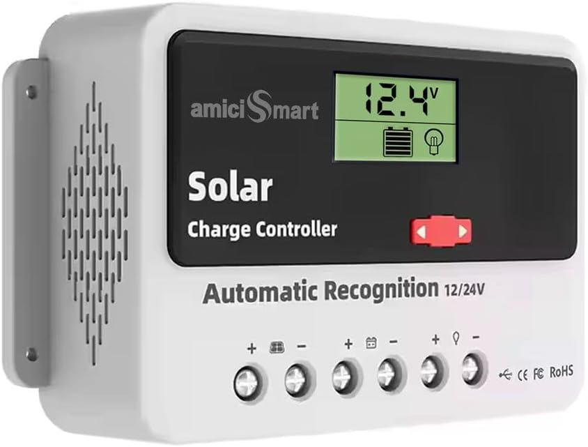 - amiciSmart Solar Charge Controller 40A, Intelligent Battery Regulator for Solar Panel LCD Display with USB Port 12V/24V, 1.04kW (40A)