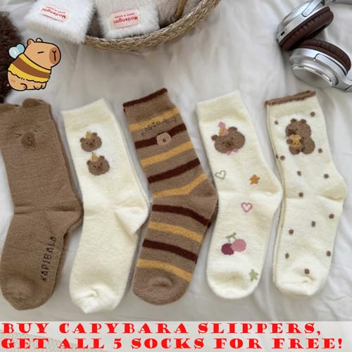 Cute Capybara Slippers for Women Girls Daughters - 5 Pairs of Socks Capybara Cartoon Pattern Christmas Gift Set, Fluffy House Slippers Warm Fuzzy Cotton Indoor Comfort Wear Slides Non Slip Sole2