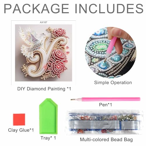 Image of AiYuanzsh 5D Diamond Art Kits for Adults Letter Y, Youthful Floral Rose & Dove Special Shape Diamond Painting, Initial Diamond Art for Adults DIY Crystal Rhinestones Wall Decoration 17x17cm