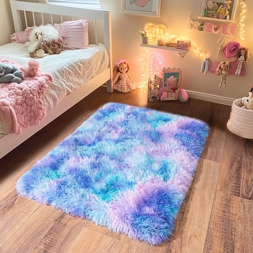 Small Rugs for Bedroom, Fluffy 2x3 Rug Throw Non Slip for Bedside Dorm Kids Room, Plush Comfy Shag Carpet for Home Decor Aesthetic, Rainbow Purple
