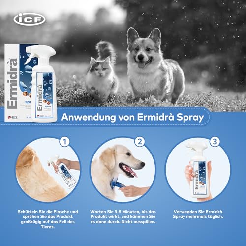 Ermidrà Feuchtigkeitsspray für Hunde, Katzen & Pferde | Hydratisierende & Beruhigende Hautpflege | Unterstützt EIN Weiches & Erfrischtes Fell | Ohne Ausspülen | 300ml