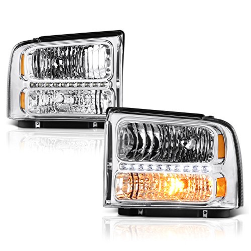 VIPMOTOZ Chrome Housing LED Strip DRL OE-Style Headlight Headlamp Assembly For 2005-2007 Ford F-250 F-350 Superduty Pickup Truck, Driver & Passenger Side