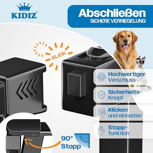 KIDIZ Absperrgitter zum Klemmen mit Katzenklappe, Türschutzgitter, Autoclose Kinder Treppengitter ohne Bohren | 90° Stopp Schutz, schwenkbar, Treppenschutzgitter, Schwarz, Breite: 81-87 cm