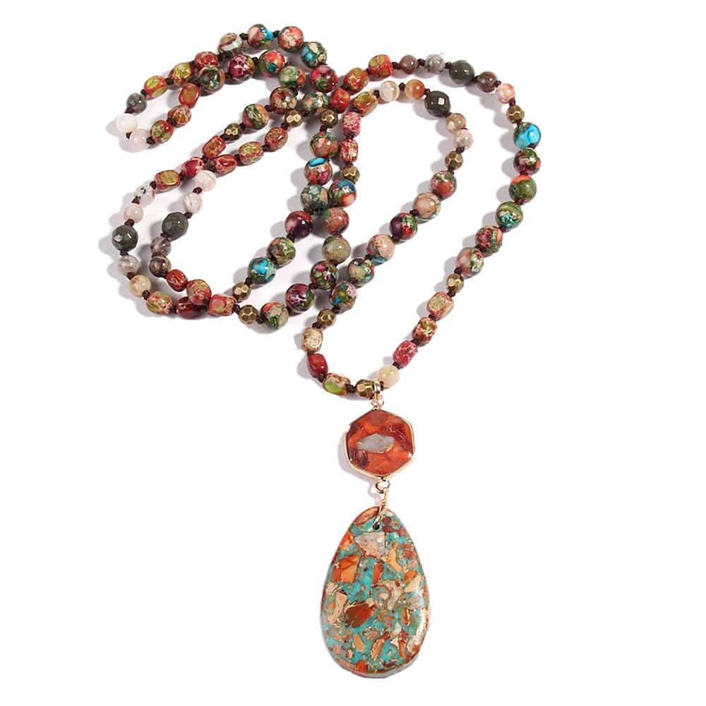 Yomisa Boho Necklaces for Women/Men Trendy,32/35/36 Inch Natural Stone Beaded Long Pendant Necklaces for Womens,Handmade Bohemian Fashion Chakra Chunky Statement Charm Necklace Jewelry Gift