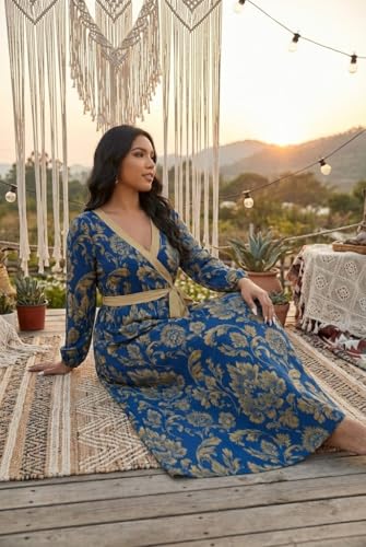 Image of Women Plus Size Long Sleeve V Neck Maxi Dress with Belt | Soft fabric relaxed fit three quarter sleeve v neck with pockets for party and daily wear