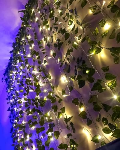 Image of MoonlitDreams Aesthetic Room Decor Kit with 4 Artificial Green Ivy Vines & 40FT Warm Fairy Lights | Pinterest-Inspired Wall Decoration for Bedroom, Living Room, Hostel & Study Room | Home Decor Gift