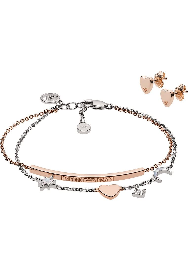 Emporio Armani Set Für Frauen, Größe Stud: 8X7X2mm; Länge Armband: 160mm + 20mm; Größe Bar: 40X3X2mm; Größe Star: 8X8X2mm; Größe Herz: 7X7X2mm; Größe Mond: 7X6X2mm Rose Gold Sterling Silber Set
