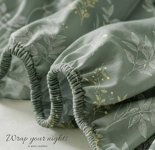 Image of VAS COLLECTIONS Cloud Cotton Corner Elastic Fitted Double Bedsheet Set (78 x 72 + 8 Inches) with 2 Pillow Covers | 160-180 TC Soft Breathable Cotton Fitted Sheet | Bed Sheet (Botanical Sage)