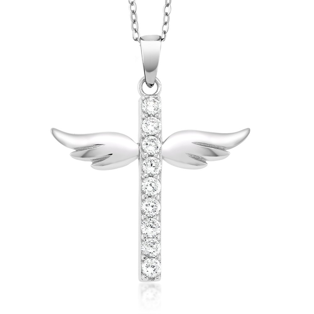 Stunning Winged Cross Pendant With White CZ On 18 Inches Chain