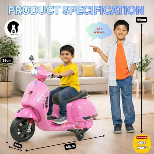 Image of Little Pup Battery Operated Ride On Scooter for Kids 2 to 6 Years | Electric Vespa Style Bike with Music, LED Headlight, Rechargeable Battery, Training Wheels | Kids Scooter (Pink)