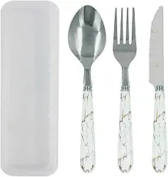 Kit Talheres em Inox 3 Peças Garfo Faca Colher Com Estojo Portatil Reutilivazel - Para Marmita, Lanche, Escolar, Viagem e Camping Premium MZZC (Branco Marmorizado)