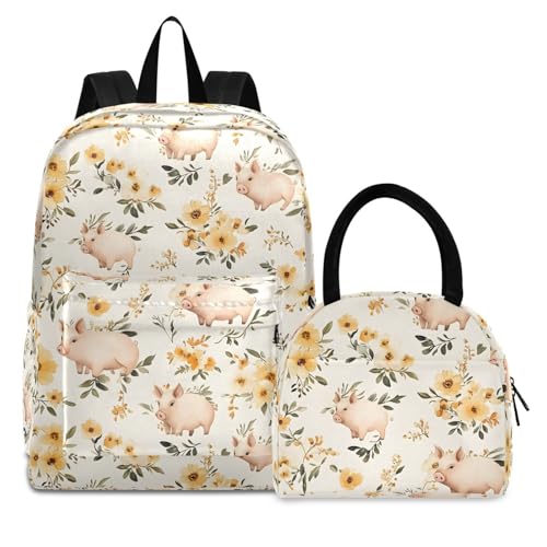 Floral Pigs Print Backpack Set with Lunch Bag, Large Capacity Travel Backpacks and Lunch Box Insulated for Commute Hiking Picnic