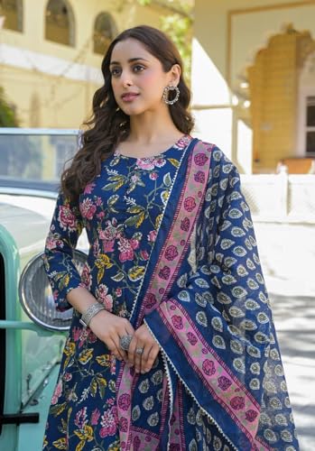 Image of FUNKY RICH Women's Cotton Straight Kurta Pant with V Neck Floral Printed Pattern 3 /4th Sleeves Calf Length Regular Fit and Dupatta Set | Womans Cotton Kurta Pant Set