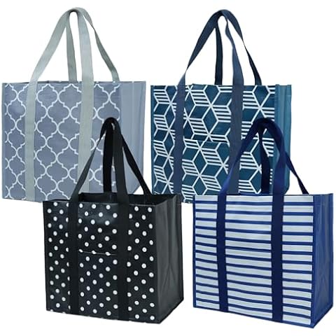 BeeGreen 4 Pack Reusable Grocery Bags with Hard Bottom to Stand Upright Foldable Grocery Bags Shopping Bags For Groceries with Front Pocket Bulk Tote Bags with Handles for Shopping Cart Geometric Cover