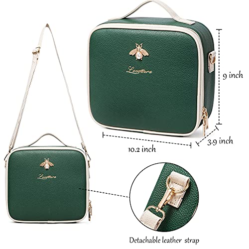 Lacattura Travel Makeup Bag, Leather Makeup Train Case Cosmetic Organizer For Makeup Brushes Toiletry Digital Accessories, Portable Artist Storage Bag With Shoulder Strap For Women Lady Green #TOP1