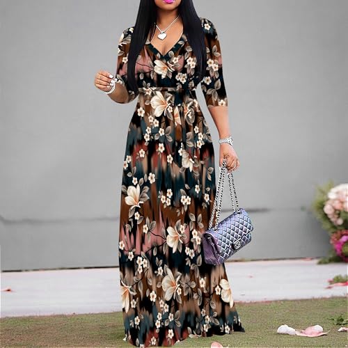 Image of Women's V Neck Floral Maxi Dress 3 /4 Sleeve Plus Size Boho Wrap Flowy Long Dresses with Belt